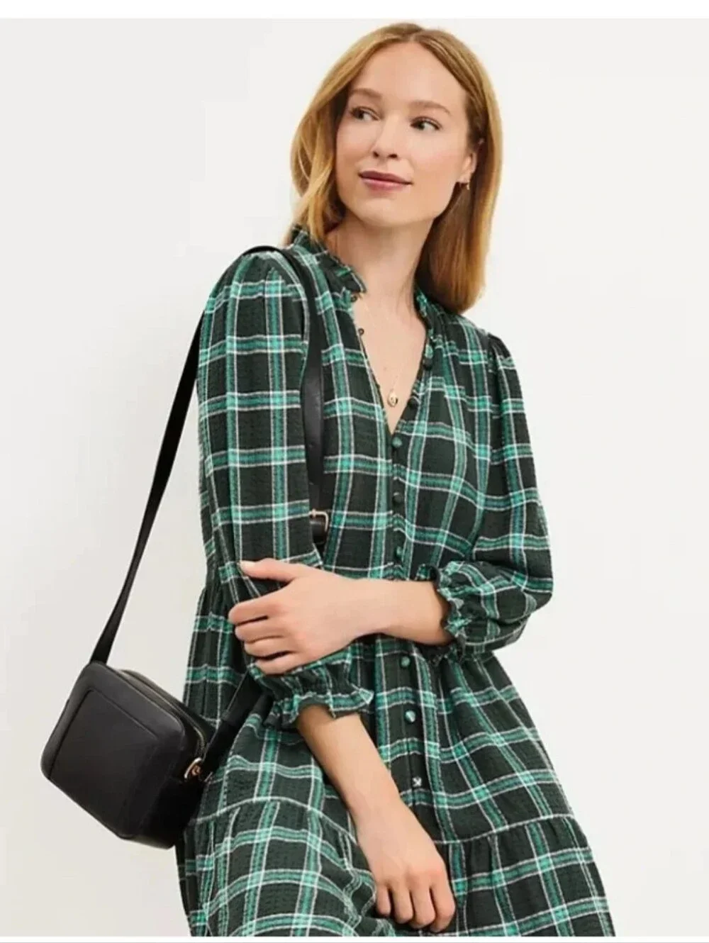LOFT Green Plaid Tiered Ruffle Mini Dress Small Button Front Long Sleeve